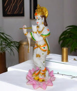 Load image into Gallery viewer, Krishna Statue with Flute on Lotus, White and Gold Resin Marble Finish,Krishna Idol for Gift 27 cm Height