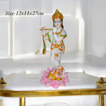 Load image into Gallery viewer, Krishna Statue with Flute on Lotus, White and Gold Resin Marble Finish,Krishna Idol for Gift 27 cm Height