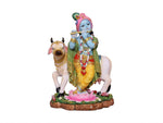Load image into Gallery viewer, Hand Crafted Large Standing Krishna Murti Playing Flute Besides Cow Gau MATA Murti God Idol Figurine, 9.5", Multicolor