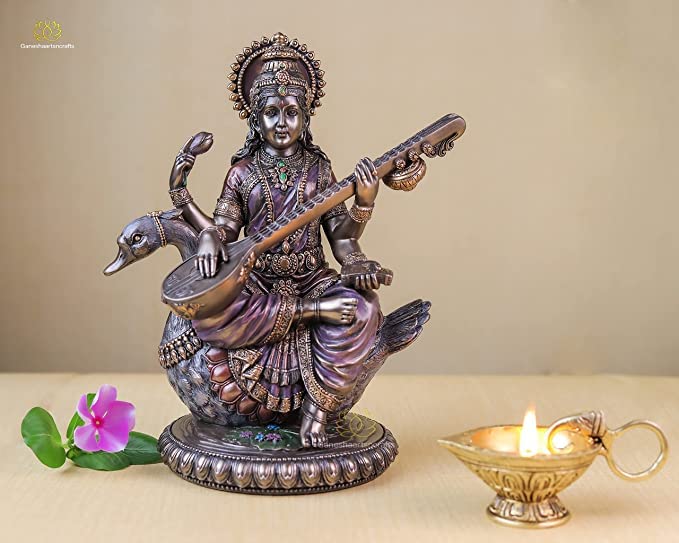 SPRITUAL Arts Saraswati Statue 21 cm Bonded Bronze Sarasvati Statue Goddess Saraswati on Swan Goddess of Knowledge Music Art Wisdom Hindu Goddess Pack of 1