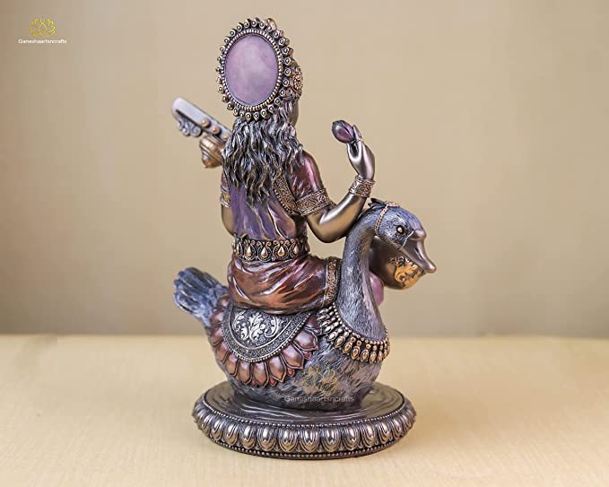 SPRITUAL Arts Saraswati Statue 21 cm Bonded Bronze Sarasvati Statue Goddess Saraswati on Swan Goddess of Knowledge Music Art Wisdom Hindu Goddess Pack of 1