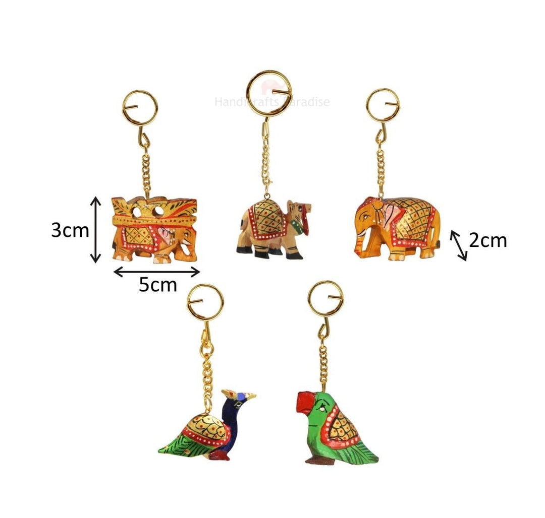 Handicrafts Paradise Unisex Carved Wooden Multicolour Key Ring - Set of 5
