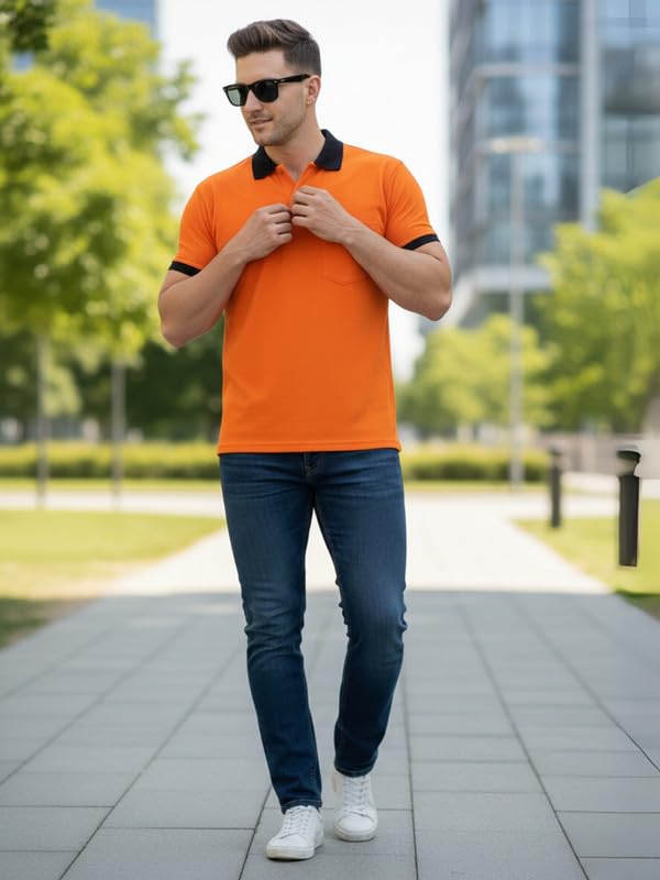 Men's Regular Fit Polo T-Shirt with Contrast Collar & Pocket | Comfortable & Stylish