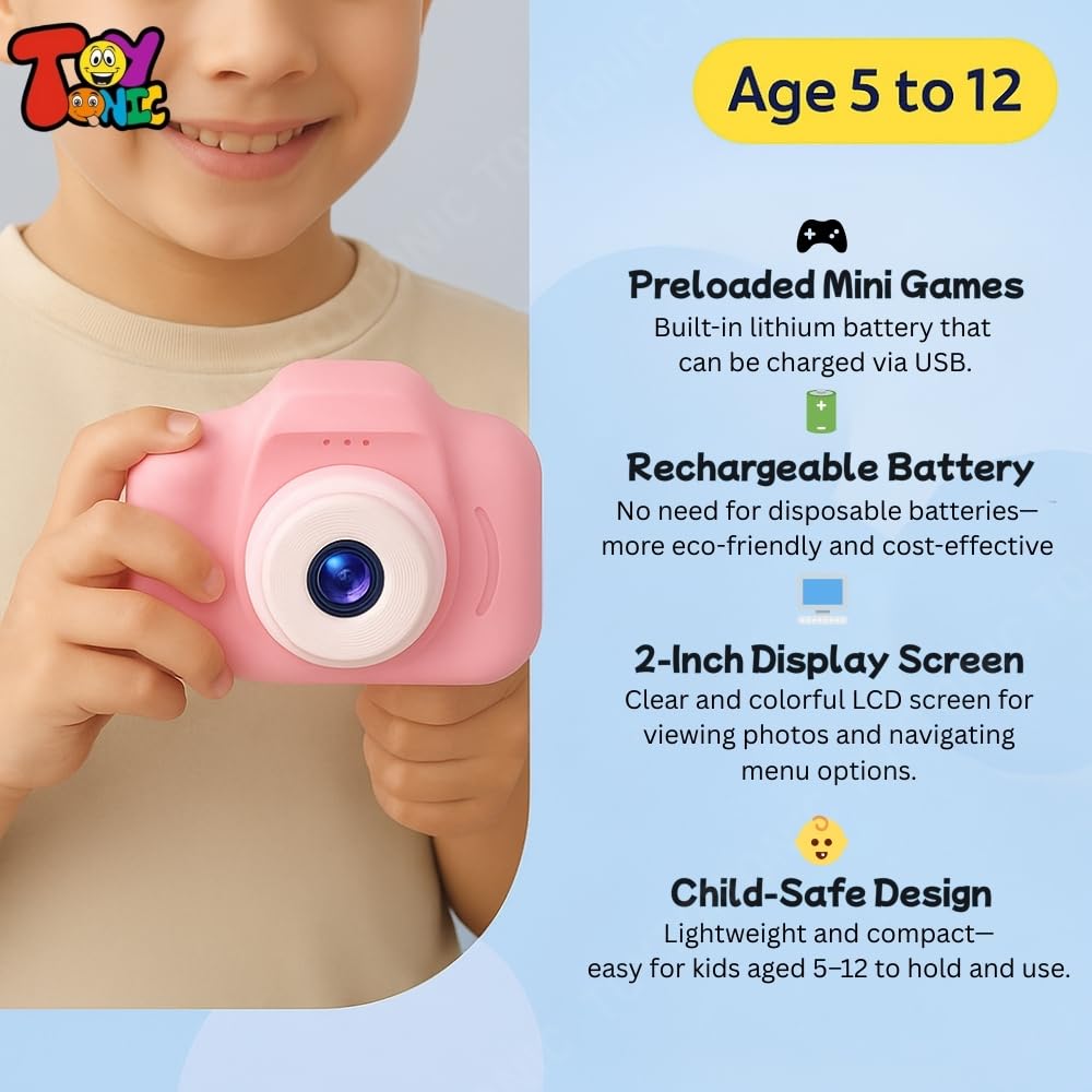 TOYTONIC Mini HD Digital Camera for Kids – Photo & Video Camera Toy with 2-Inch Screen | Rechargeable, Classy Colours, Best Birthday Gift | Kids Camera for Boys & Girls Age 5–15