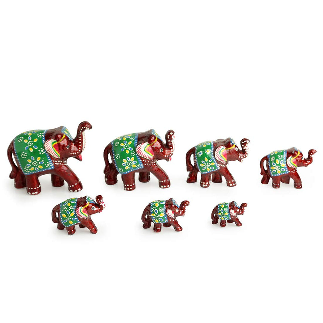 ExclusiveLane 'Seven Tuskers in Maroon' Decorative Elephant Showpieces for Home Décor (Set of 7, Fibre)|Handcrafted Showpiece for Living Room Showpiece for Gift Antique Showpieces for Bedroom Figurine