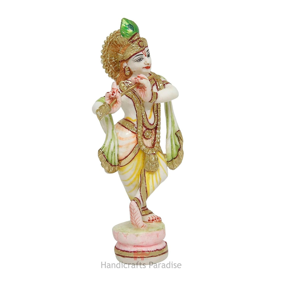 Handicrafts Paradise Culture Marble Hand Painted Krishna Intricately Carved Showpiece for Home Décor and Puja - 6 inch