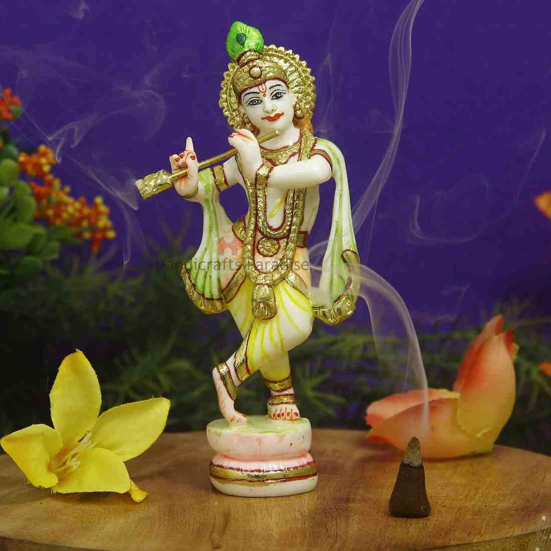 Handicrafts Paradise Culture Marble Hand Painted Krishna Intricately Carved Showpiece for Home Décor and Puja - 6 inch