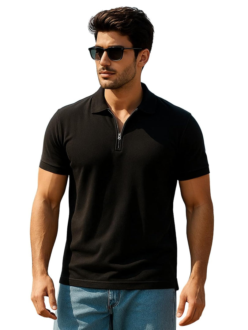 Veirdo Men’s Cotton Pique Polo | Premium Zip Neck Casual T-Shirt | Half Sleeve | Black Beauty, Serenity, Wheat, Zephyre