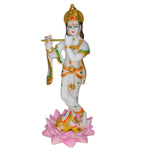 Load image into Gallery viewer, Krishna Statue with Flute on Lotus, White and Gold Resin Marble Finish,Krishna Idol for Gift 27 cm Height