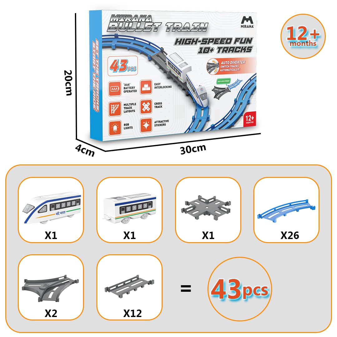 Mirana Vande Bharat Bullet Train Toy Set for Kids - Multiple Railway Track Layout, AAA Battery Operated, Fun Gift for Boys & Girls 1+ Years, Made in India (Basic - 43 pcs)