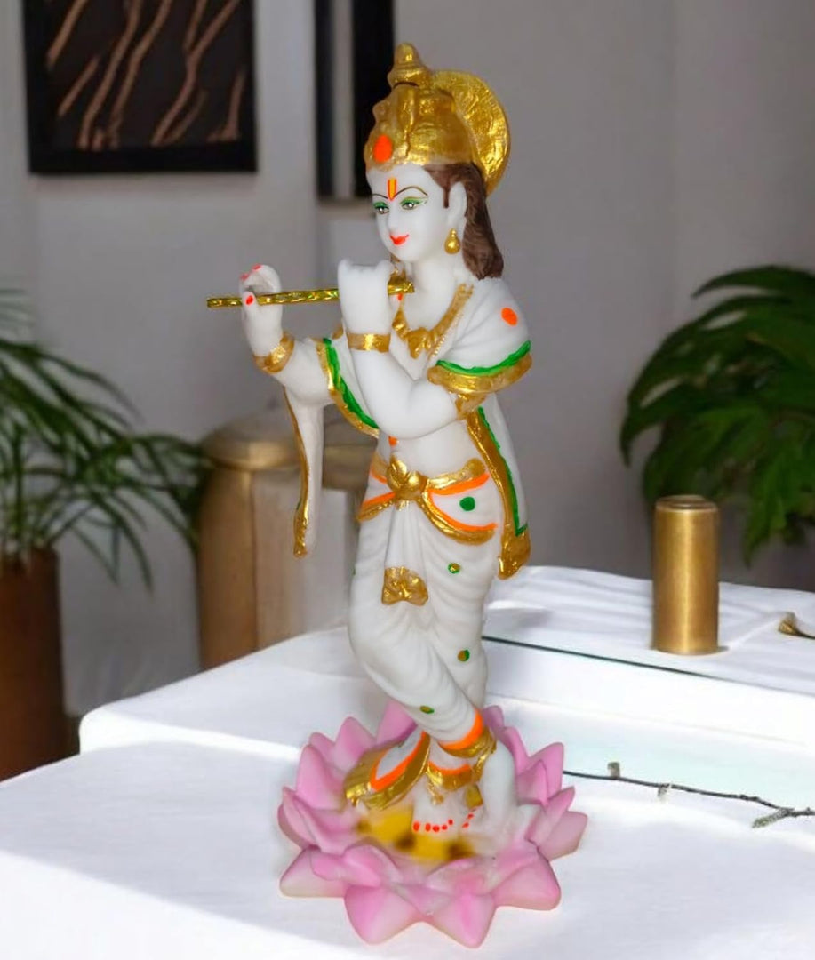 Krishna Statue with Flute on Lotus, White and Gold Resin Marble Finish,Krishna Idol for Gift 27 cm Height