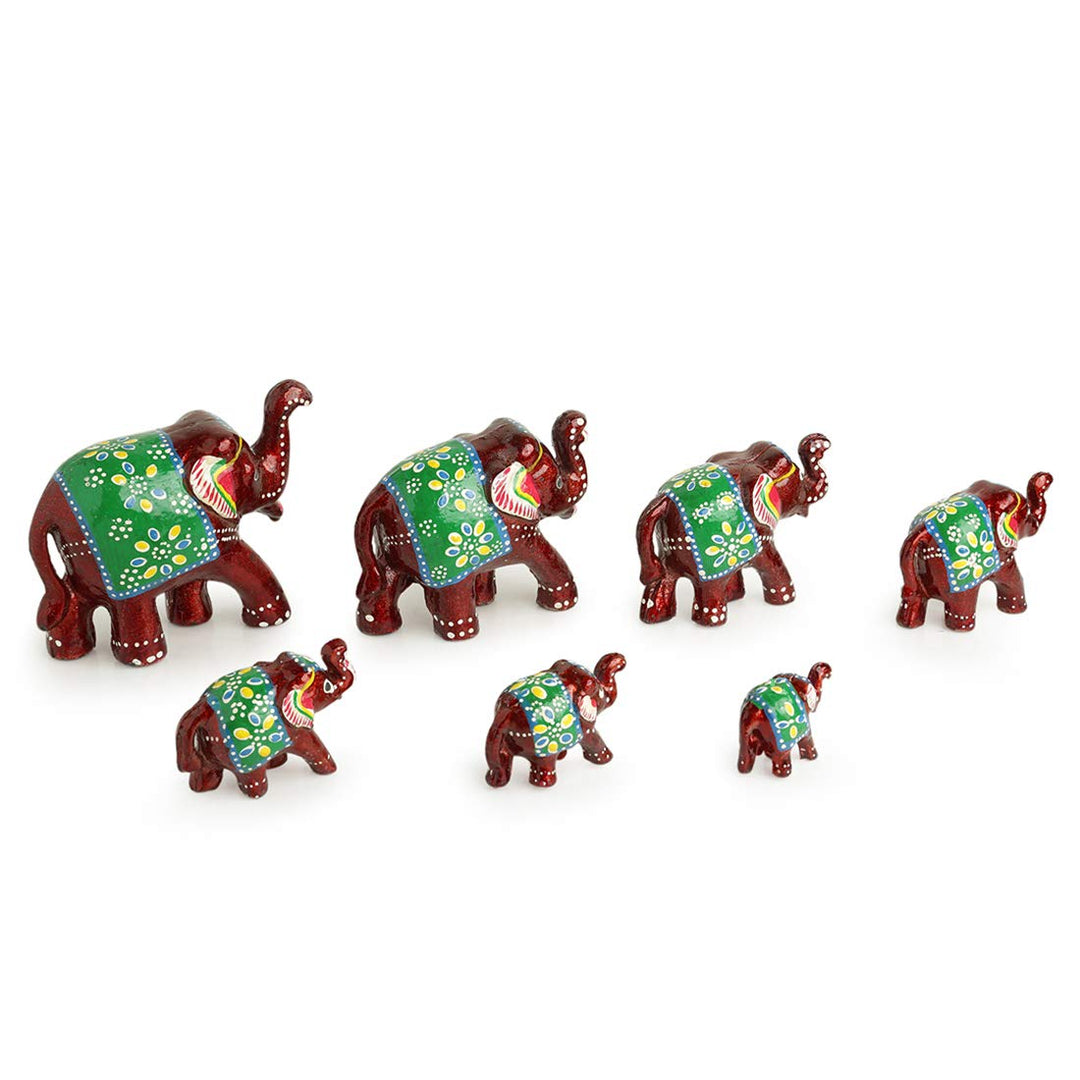 ExclusiveLane 'Seven Tuskers in Maroon' Decorative Elephant Showpieces for Home Décor (Set of 7, Fibre)|Handcrafted Showpiece for Living Room Showpiece for Gift Antique Showpieces for Bedroom Figurine