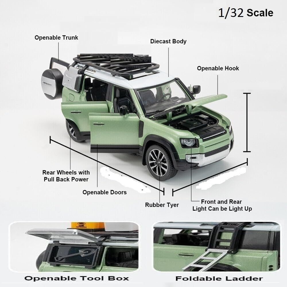 Range Rover Defender 1:32 Scale Model Car Exclusive Alloy Metal Pull Back Die-cast Car Metal Pullback Toy car with Openable Doors & Light Music Best Gifts Toys Kids【Colors as Per Stock】