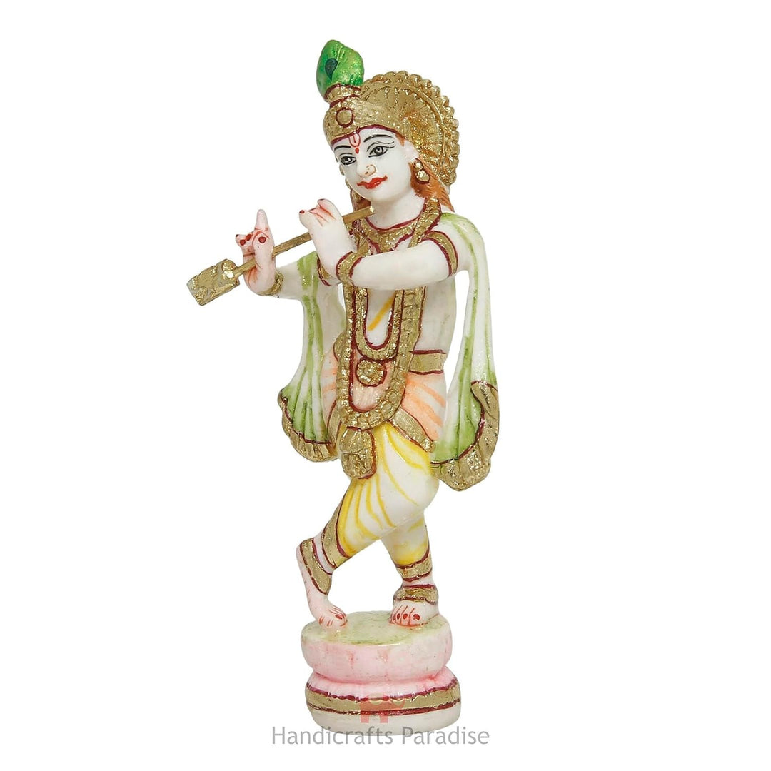 Handicrafts Paradise Culture Marble Hand Painted Krishna Intricately Carved Showpiece for Home Décor and Puja - 6 inch
