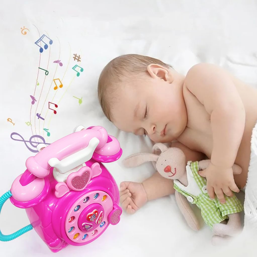 VGRASSP Classic Dial Receiver Simulation Telephone Toy for Kids - Rotating Number Dial with Calling Sound Effect - Storytelling Toy Phone Accompanied with Lights - Color As Per Stock