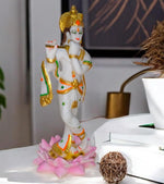 Load image into Gallery viewer, Krishna Statue with Flute on Lotus, White and Gold Resin Marble Finish,Krishna Idol for Gift 27 cm Height