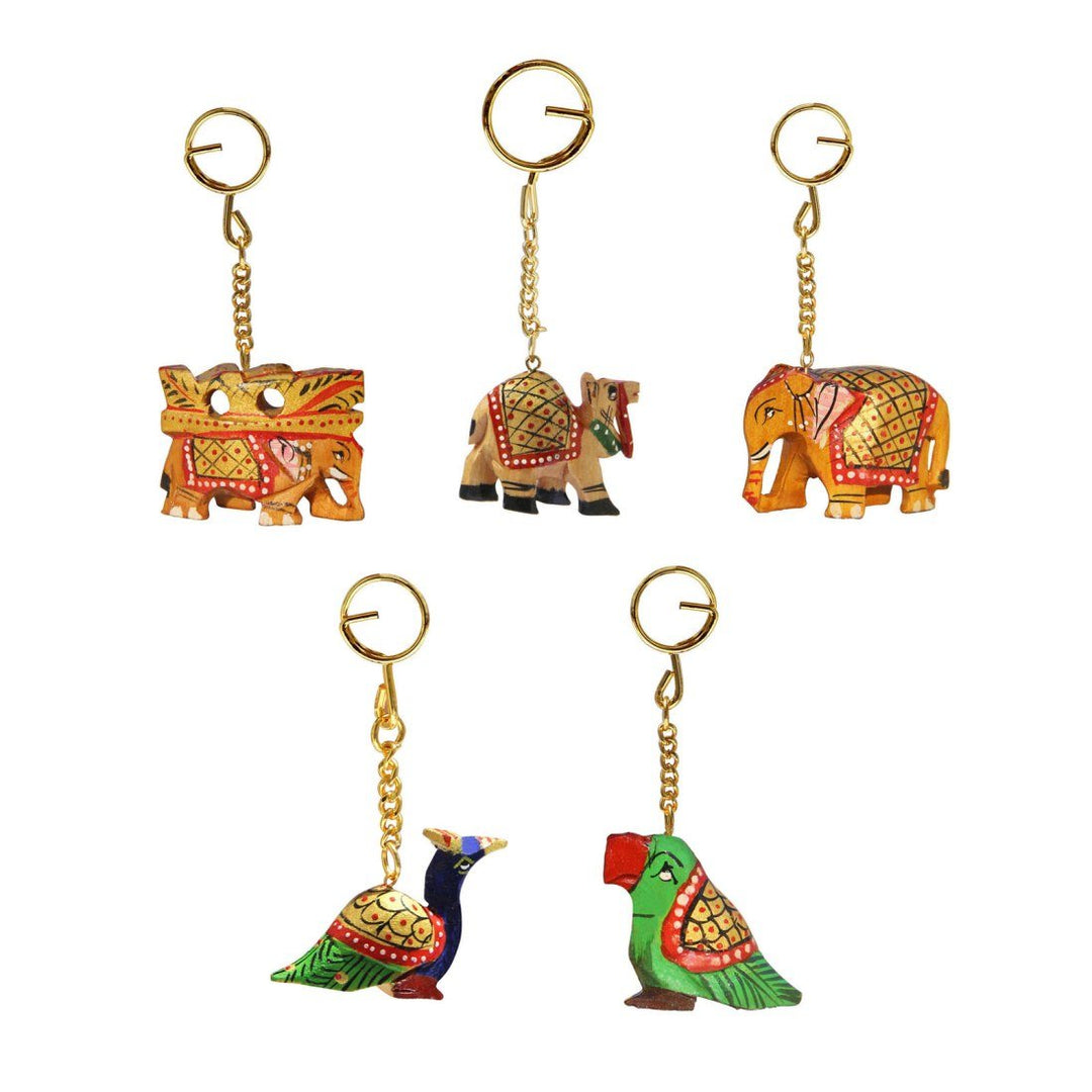 Handicrafts Paradise Unisex Carved Wooden Multicolour Key Ring - Set of 5