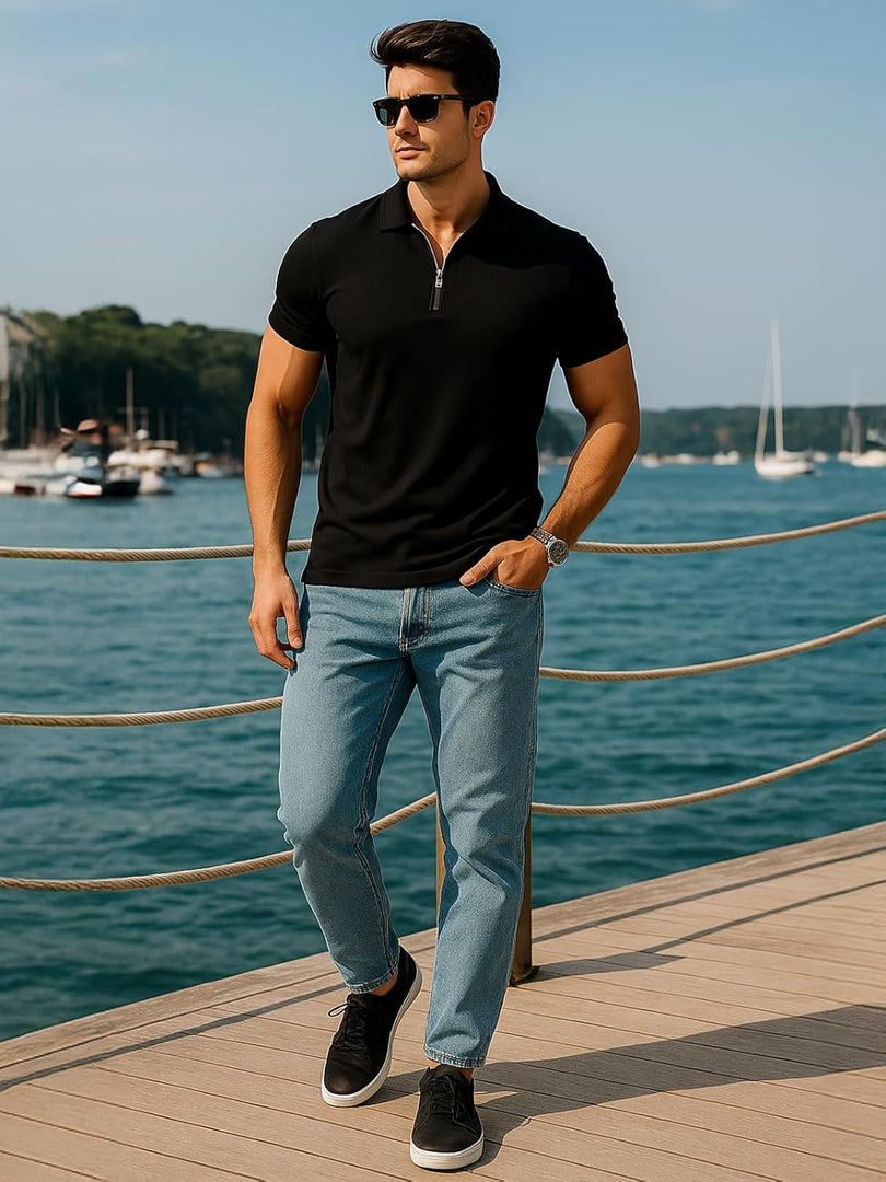 Veirdo Men’s Cotton Pique Polo | Premium Zip Neck Casual T-Shirt | Half Sleeve | Black Beauty, Serenity, Wheat, Zephyre