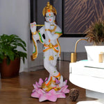 Load image into Gallery viewer, Krishna Statue with Flute on Lotus, White and Gold Resin Marble Finish,Krishna Idol for Gift 27 cm Height