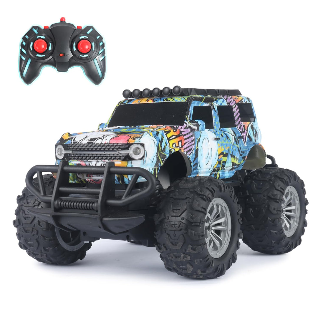 Jam & Honey Off Roader Rechargeable Remote Control Car | RC Car Monster Truck |4 Headlight Modes | in-Built Lithium Battery | C-Type Charging | Made in India - Graffiti Blue