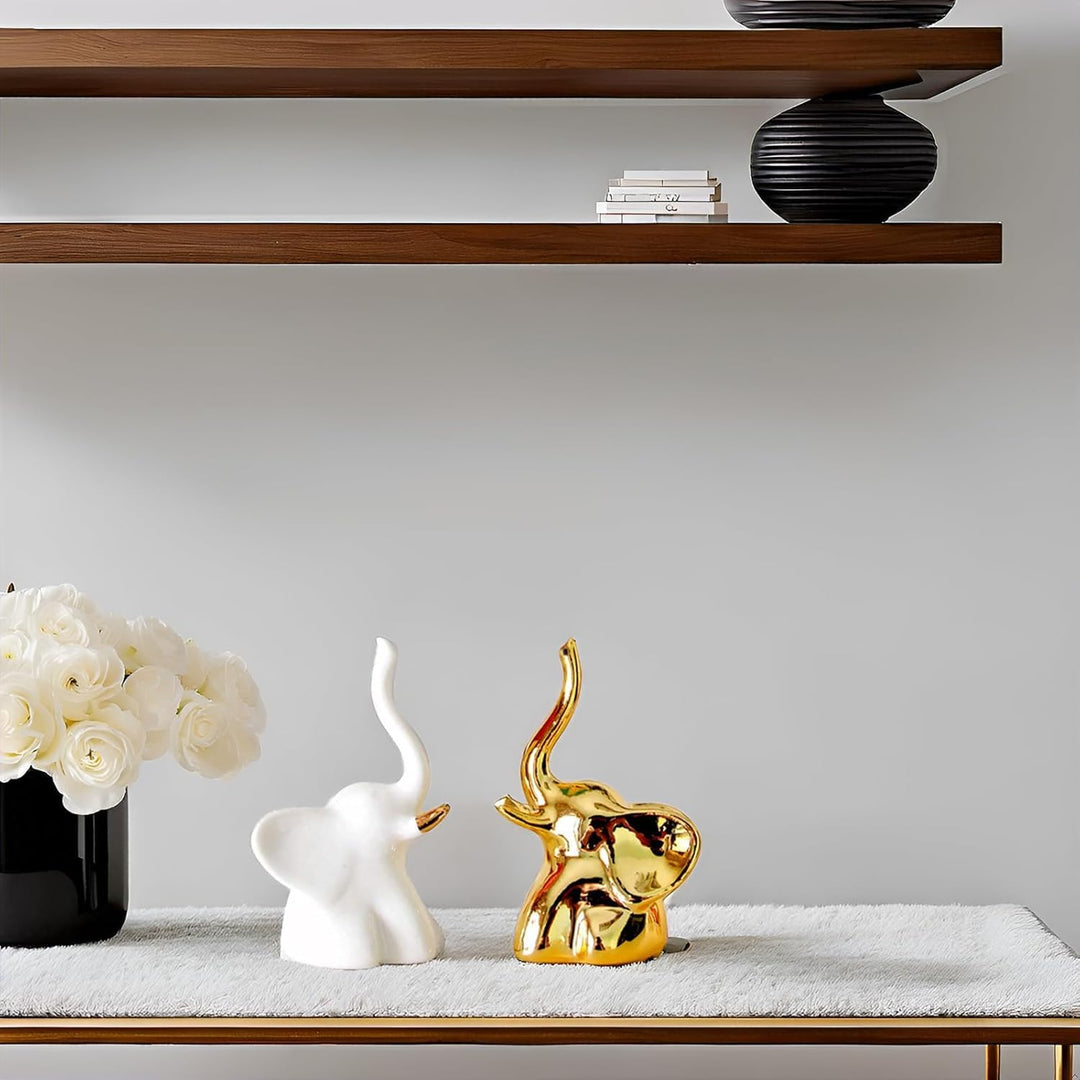 Home Decor Elephant Statue For Good Luck,Fengshui Ceramic Creative Small Modern Style Elephant Idol Figurines,Decorative Gift Items For Home,Office Desktop,Living Room (2pcs),White,Gold