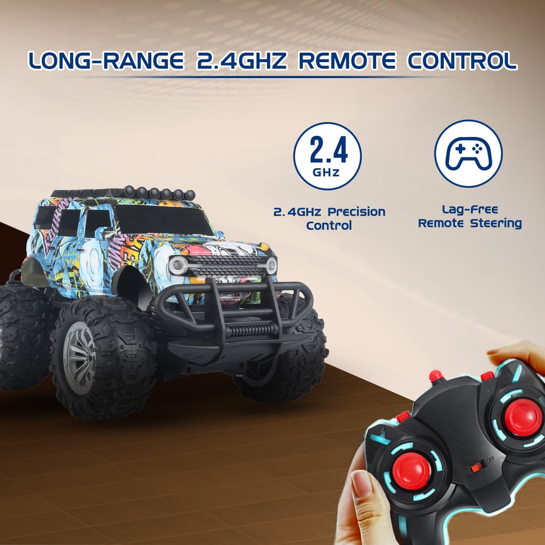 Jam & Honey Off Roader Rechargeable Remote Control Car | RC Car Monster Truck |4 Headlight Modes | in-Built Lithium Battery | C-Type Charging | Made in India - Graffiti Blue