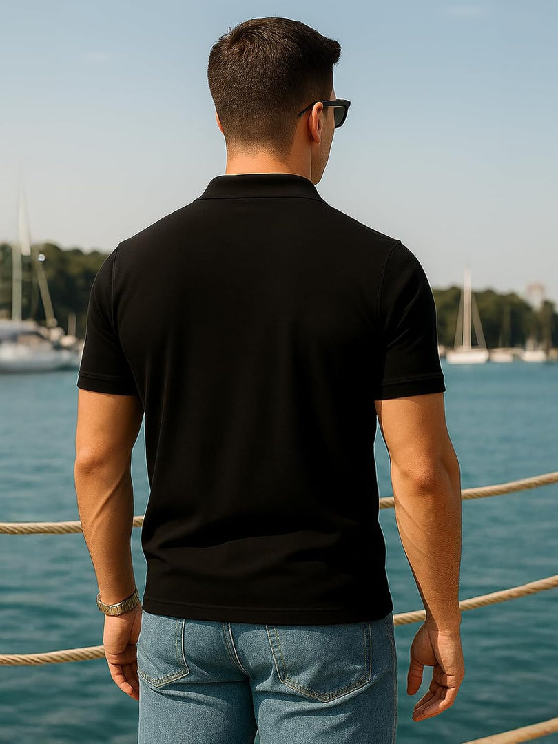 Veirdo Men’s Cotton Pique Polo | Premium Zip Neck Casual T-Shirt | Half Sleeve | Black Beauty, Serenity, Wheat, Zephyre