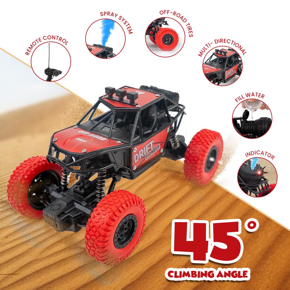 Gooyo GY-45 Rechargeable Remote Control Rock Crawler Car with Smoke | Monster Truck with Spray for Kids | RC Car 4x4 Off-Road Big Car Toy | High Speed | Red Color | in-Built Battery | Gift Box Pack