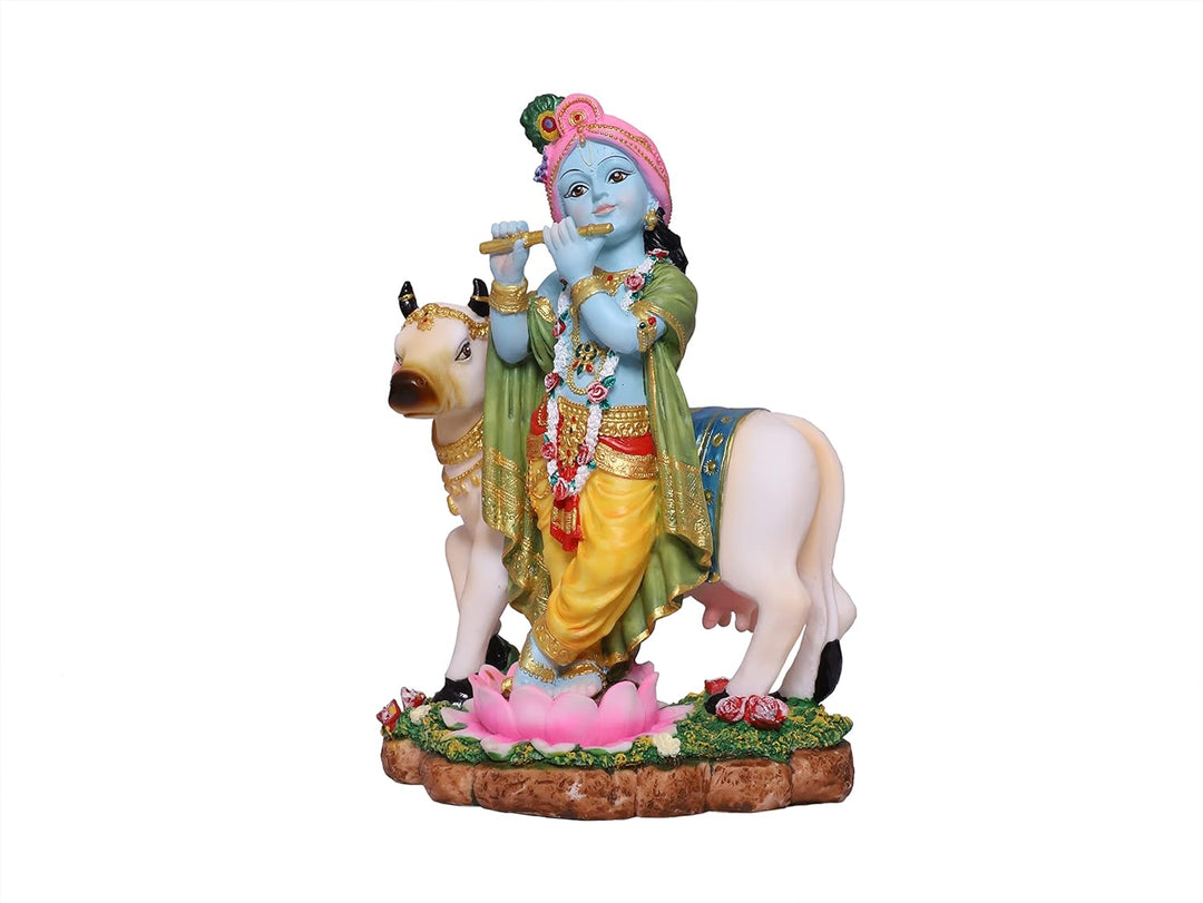 Hand Crafted Large Standing Krishna Murti Playing Flute Besides Cow Gau MATA Murti God Idol Figurine, 9.5", Multicolor