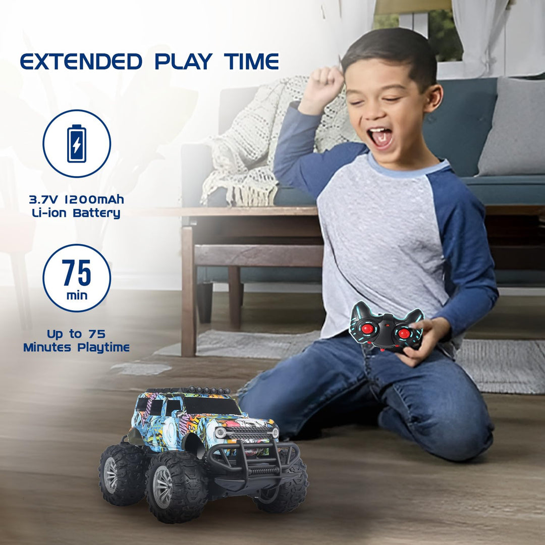 Jam & Honey Off Roader Rechargeable Remote Control Car | RC Car Monster Truck |4 Headlight Modes | in-Built Lithium Battery | C-Type Charging | Made in India - Graffiti Blue