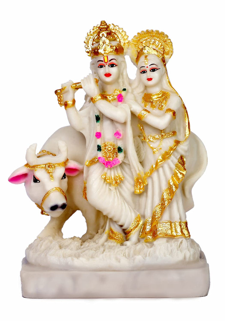 Lord Radha Krishna with Cow Idol 10 Inch – Decorative Polyresin Statue for Home Temple