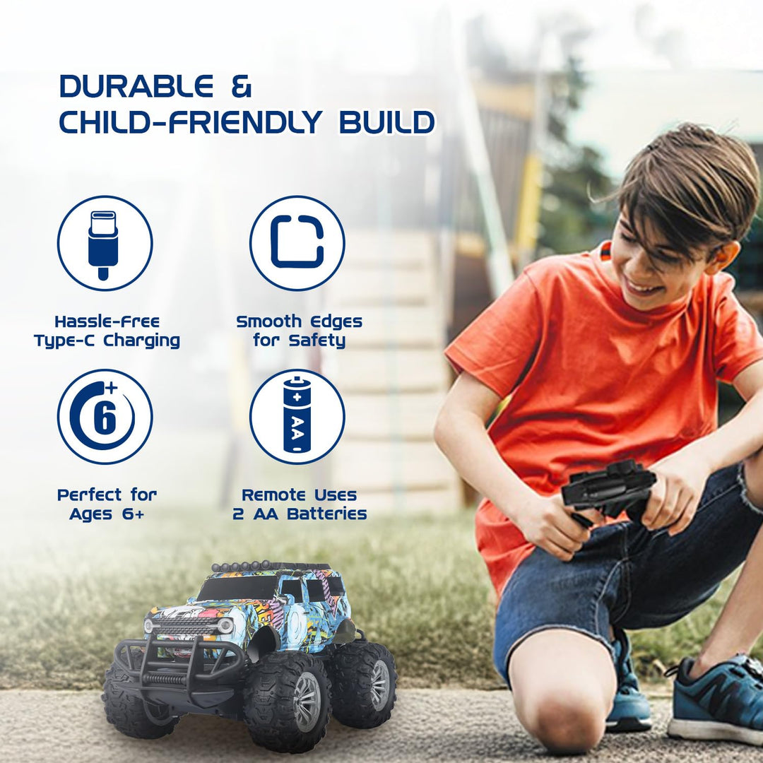 Jam & Honey Off Roader Rechargeable Remote Control Car | RC Car Monster Truck |4 Headlight Modes | in-Built Lithium Battery | C-Type Charging | Made in India - Graffiti Blue