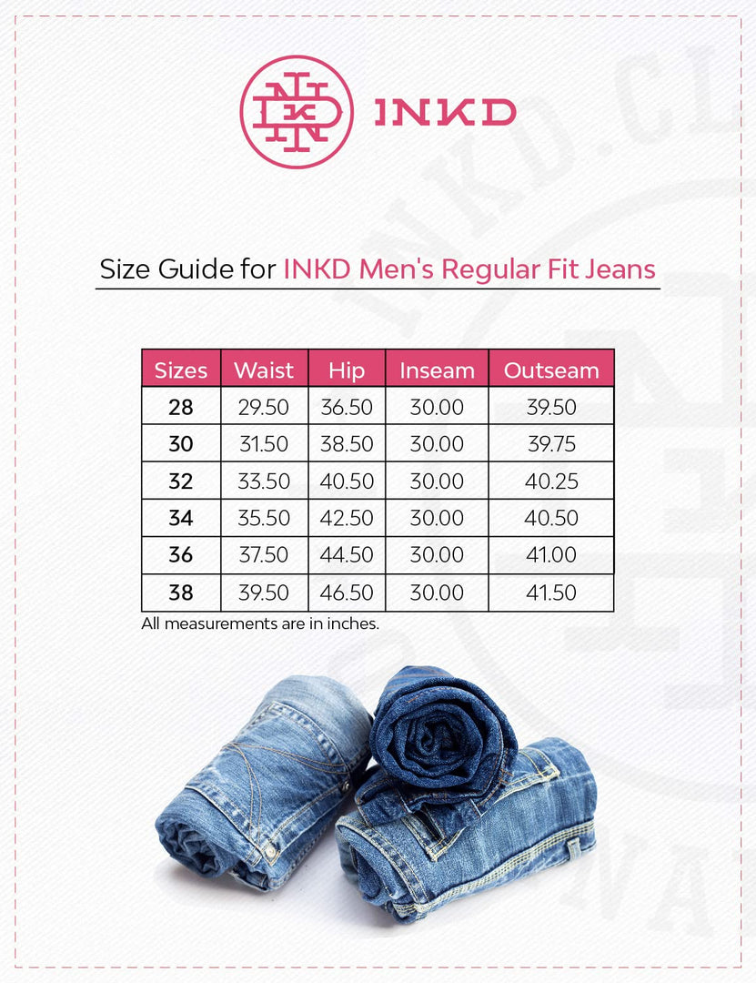 INKD Men's Regular Fit Jeans - Mid-Rise | Cotton Blend | Stretchable Fabric | Classic 5 Pocket Styling