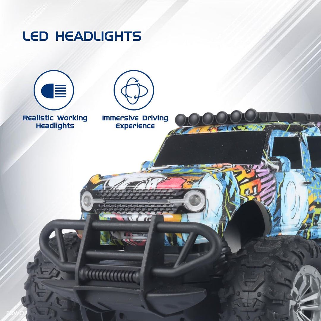 Jam & Honey Off Roader Rechargeable Remote Control Car | RC Car Monster Truck |4 Headlight Modes | in-Built Lithium Battery | C-Type Charging | Made in India - Graffiti Blue