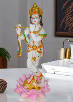 Load image into Gallery viewer, Krishna Statue with Flute on Lotus, White and Gold Resin Marble Finish,Krishna Idol for Gift 27 cm Height