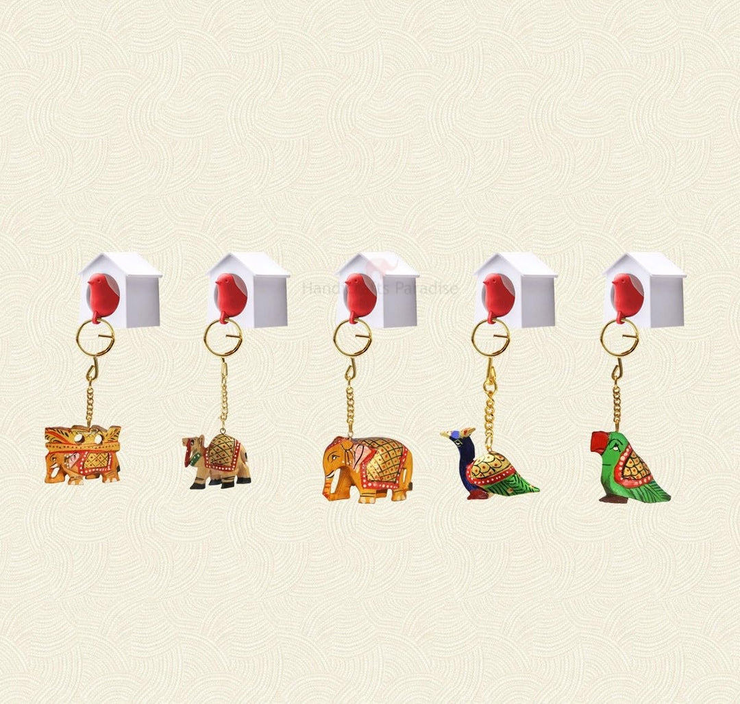 Handicrafts Paradise Unisex Carved Wooden Multicolour Key Ring - Set of 5