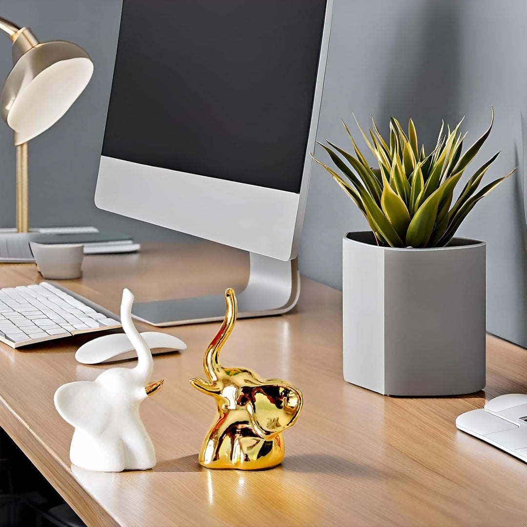 Home Decor Elephant Statue For Good Luck,Fengshui Ceramic Creative Small Modern Style Elephant Idol Figurines,Decorative Gift Items For Home,Office Desktop,Living Room (2pcs),White,Gold