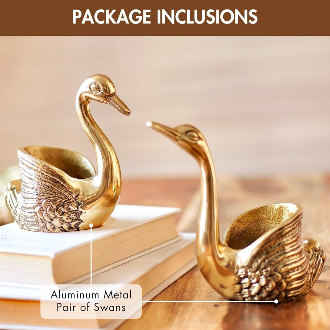 BEHOMA Aluminium Pair of Swans for Good Luck & Love | Candle Holder for Home Decor Living Room | Showpiece Wedding Gift for Couples | Marriage for Couple (Candles not Included) Gold