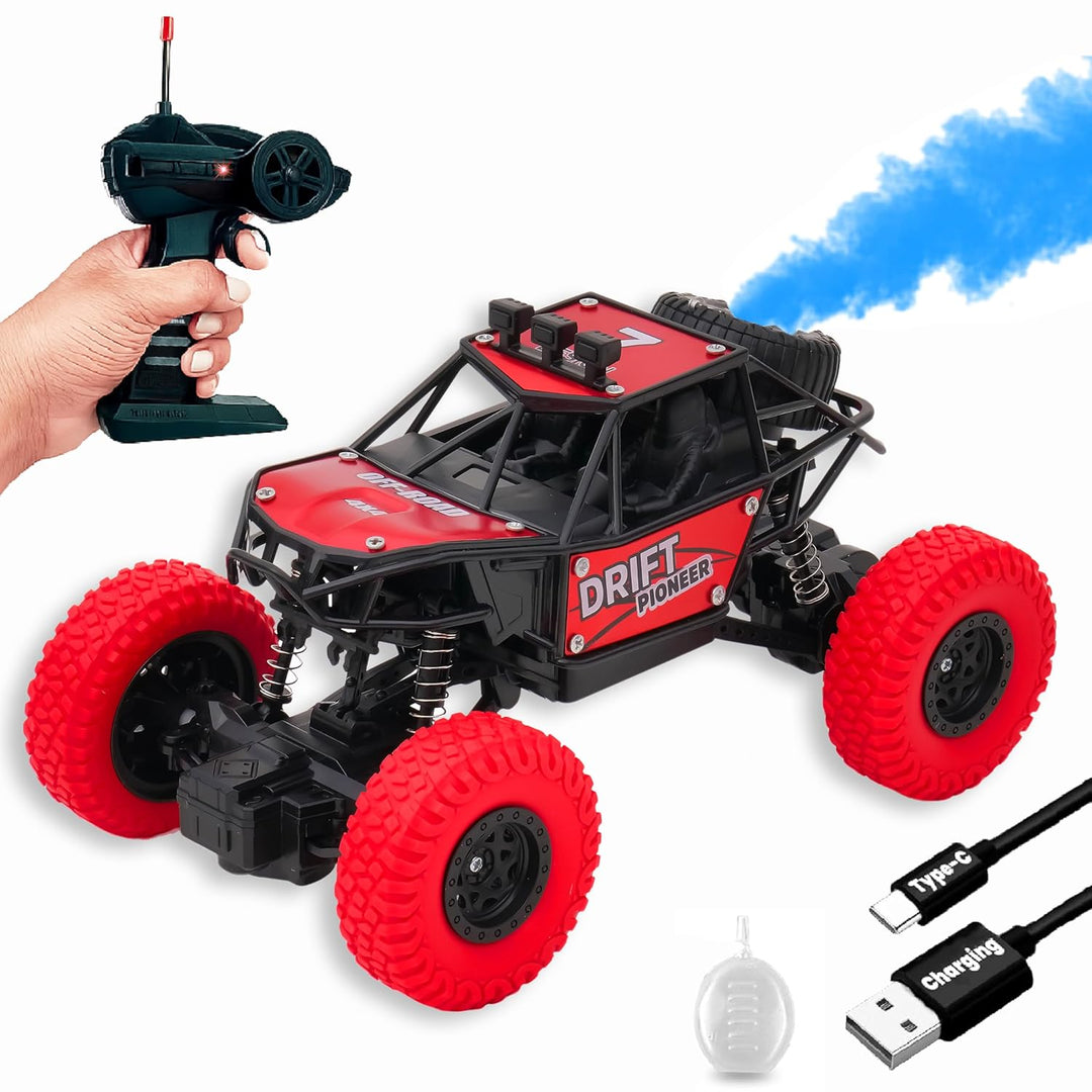 Gooyo GY-45 Rechargeable Remote Control Rock Crawler Car with Smoke | Monster Truck with Spray for Kids | RC Car 4x4 Off-Road Big Car Toy | High Speed | Red Color | in-Built Battery | Gift Box Pack