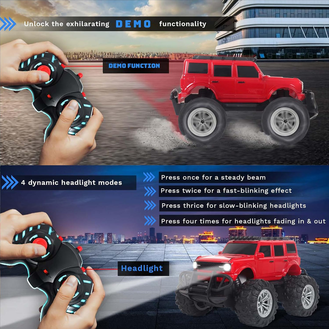 Off Roader Rechargeable Remote Control Car | RC Car Monster Truck | 4 Headlight Modes | Lithium Battery | C-Type Charging | Remote Control Car for Kids | Made in India, Red