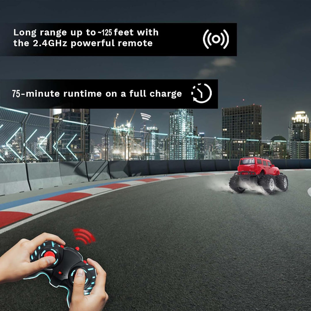 Off Roader Rechargeable Remote Control Car | RC Car Monster Truck | 4 Headlight Modes | Lithium Battery | C-Type Charging | Remote Control Car for Kids | Made in India, Red