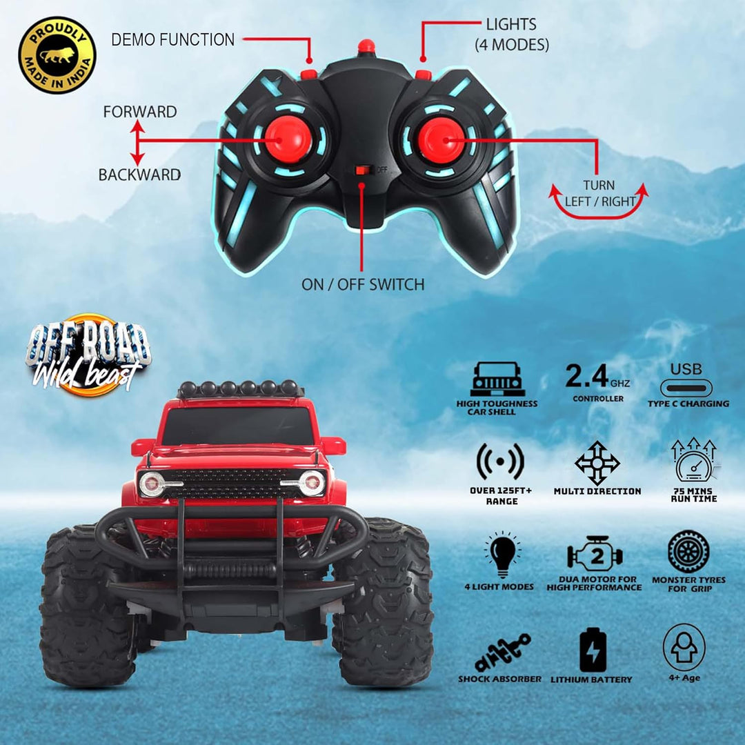 Off Roader Rechargeable Remote Control Car | RC Car Monster Truck | 4 Headlight Modes | Lithium Battery | C-Type Charging | Remote Control Car for Kids | Made in India, Red