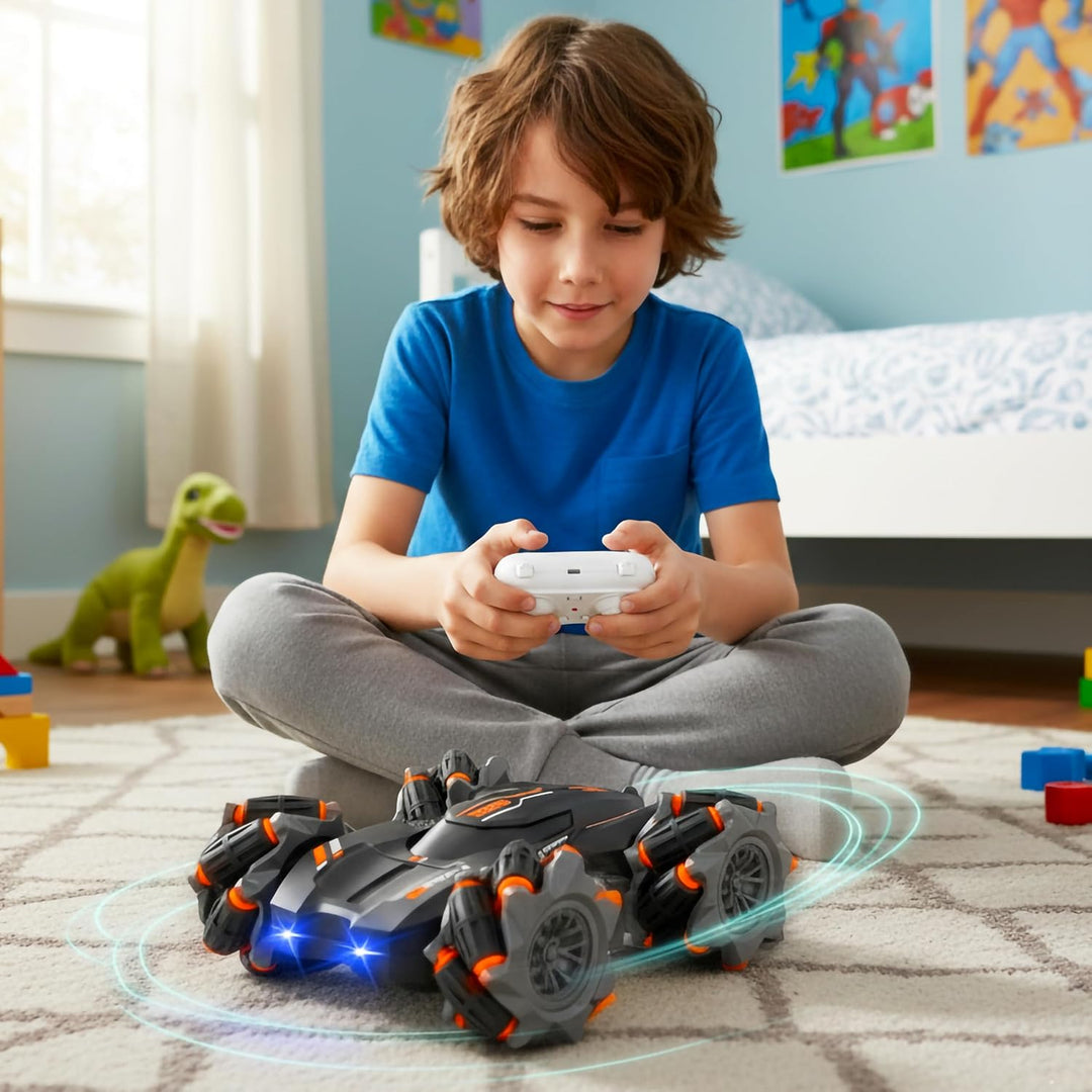 VGRASSP 2.4GHz 4WD Remote Control Drift Stunt Car Toy for Kids with Lights and Music - Double Sided 360° Rotating Dancing and Crawling RC Car with Rechargeable Battery - Color As Per Stock