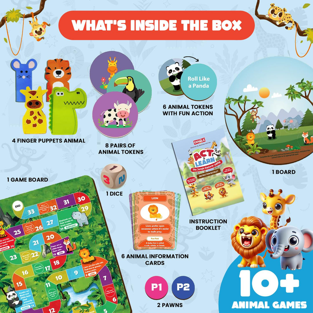 Exhale 8-in-1 Act & Learn Jungle Explorer Game for Kids Ages 2–6 | Animal Board Game with Dice, Tokens & Fun Tasks | Boost Motor Skills, IQ & Learning | Educational Gift for Boys & Girls