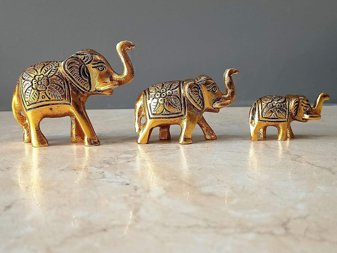 CraftVatika Set of 3 Metal Trunk Up Elephant Family Statue Showpiece Figurine -Fengshui Vastu Lucky - Decorative Items for Home Living Room Decor Living Room Office Desktop & Gifting,Corporate Gift