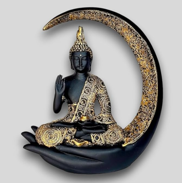 Antique Big Meditating Moon Buddha Statue Showpiece for Home Decor - Living Room - House Warming - Office - Gifting - Buddha Idol Polyresin Decorative Figurine (9 Inch / 23 cm, Black, Gold)