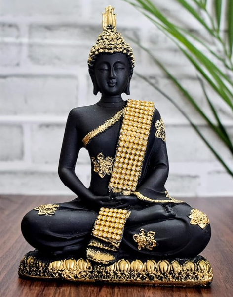 Lord Buddha Statue Home Decor Polyresin Samadhi Sitting Buddha Decorative Figurine Showpiece Item for Gifting, Decoration, Gift (Gold Black 9 Inchi)