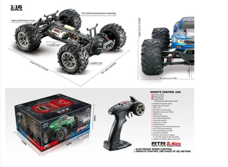 1:16 2.4Ghz 4WD OffRoad Radio Control Electric Monster Truck RC Car Toy RTR 9130
