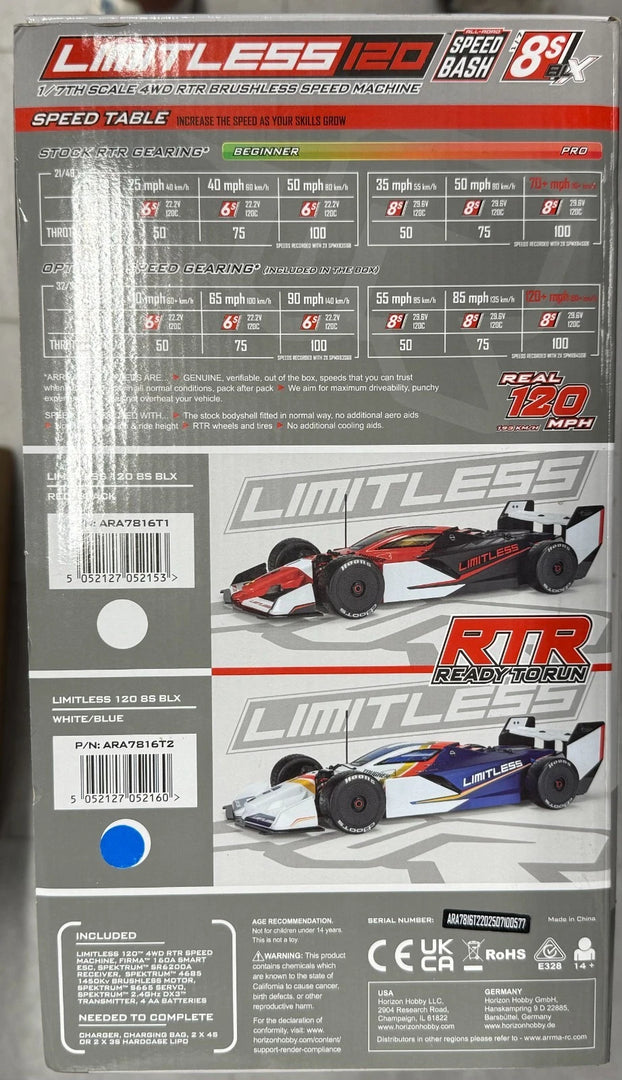 -NIB- Arrma 1/7 Limitless 8S AVC 4X4 RTR Brushless Street Speed R/C Car ARA7816