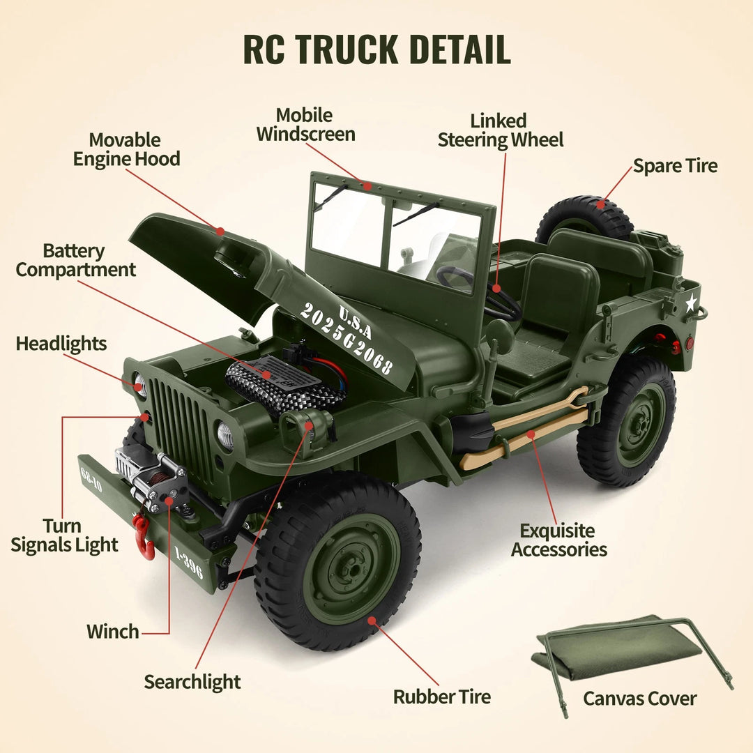 Remote Control RC Car 1/10 Off Road RC Truck Crawler Military Vehicle Hobby Toys